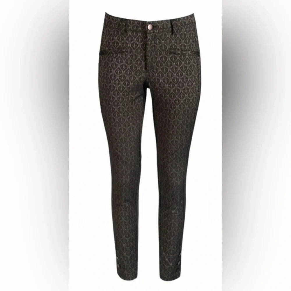 Peruvian Connection Ryder Pants Womens Size 8 Brown Black Skinny Leg Button Hem